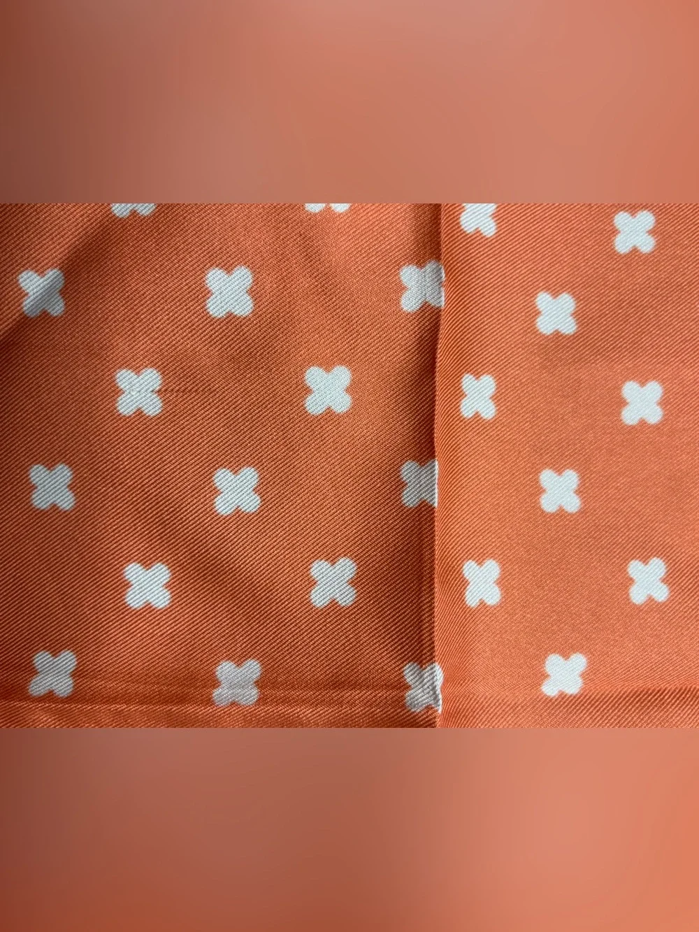 VINTAGE Orange & Tan Square Scarf, Italy, clover motif, est 70s, 80s, 90s